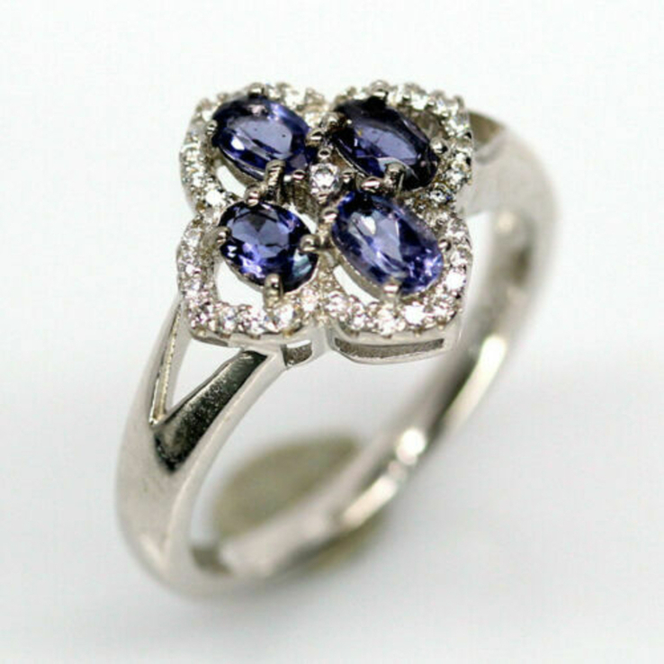 Кольцо серебряное 925 натуральный пурпурный иолит, цирконий., фото №2