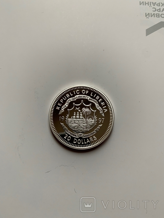 Либерия. 20 долларов. 1997 г. Серебро. 999 пр. 31,1 гр., фото №6