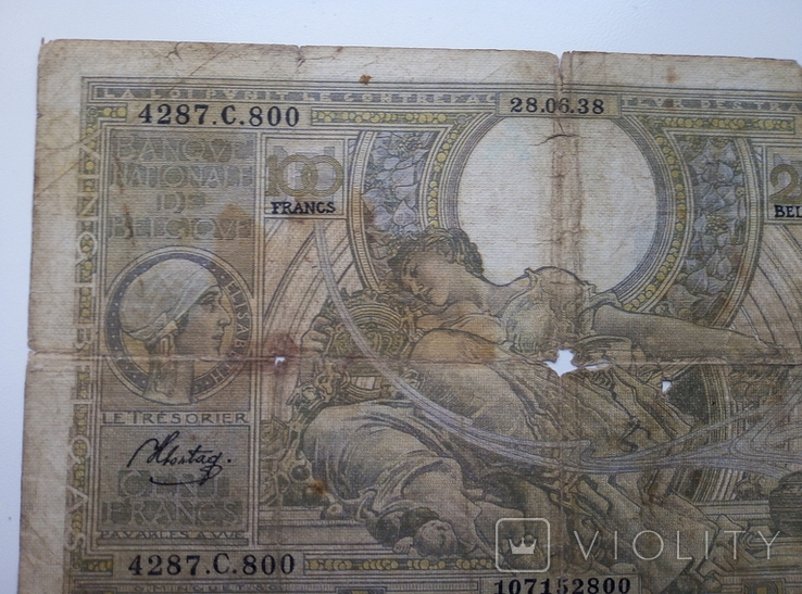 100 francs 20 belgas 28.06.38, фото №5