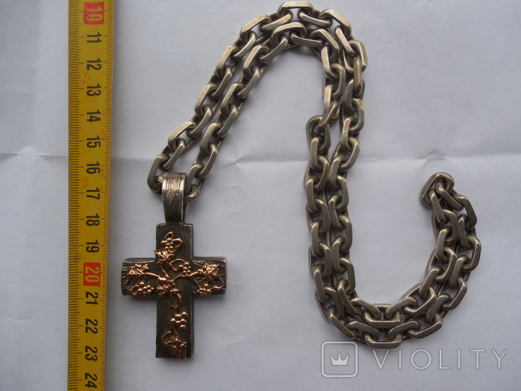 Серебряная цепь с крестом Христос Воскрес . 261 грамм (лоза золотая 7+ грамм), фото №2