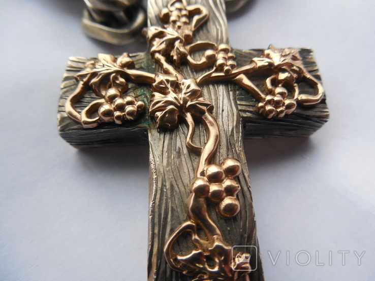 Серебряная цепь с крестом Христос Воскрес . 261 грамм (лоза золотая 7+ грамм), фото №6