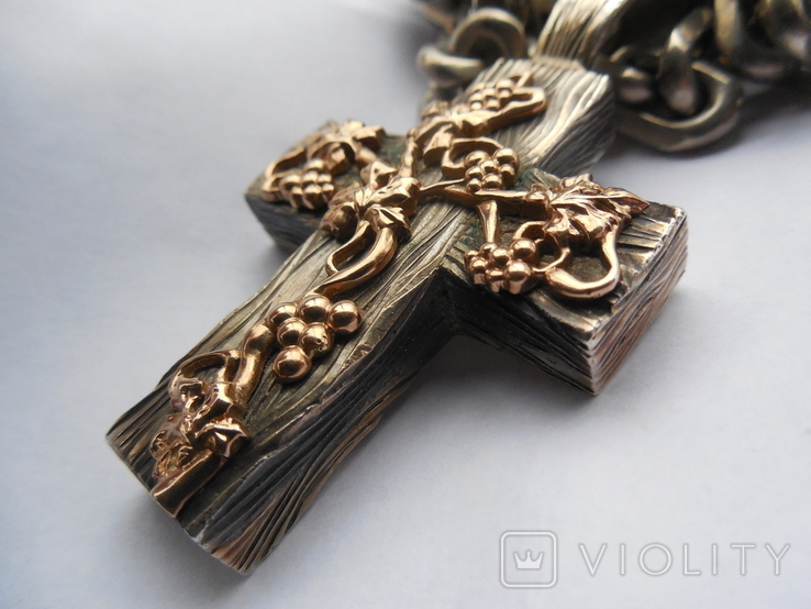 Серебряная цепь с крестом Христос Воскрес . 261 грамм (лоза золотая 7+ грамм), фото №7