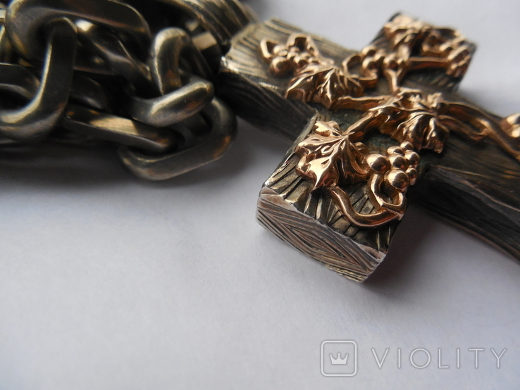 Серебряная цепь с крестом Христос Воскрес . 261 грамм (лоза золотая 7+ грамм), фото №8