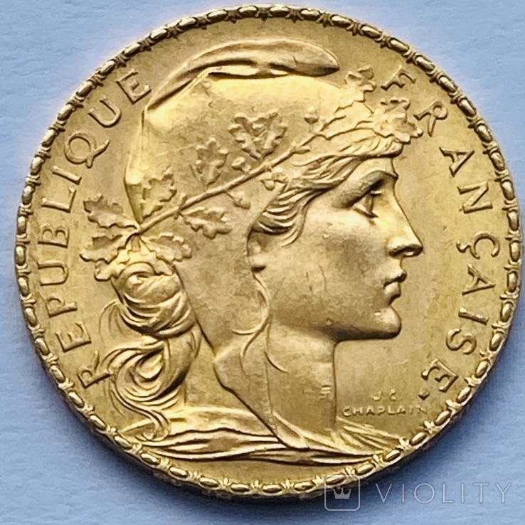 20 франков. 1908. Петух. Франция (золото 900, вес 6,43 г), фото №3