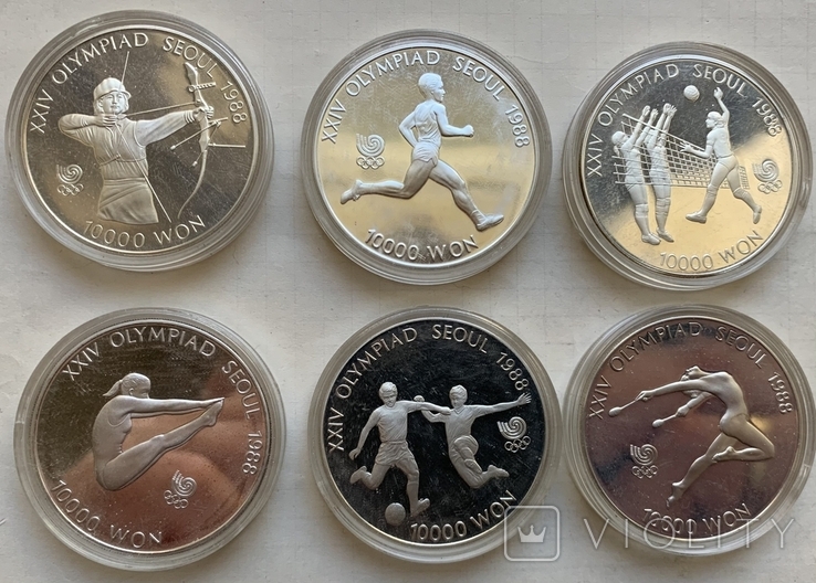 Монеты 10000 вон, 6 штук, серебро 925, вес 33,4 грамма, Олимпиада Сеул 1988 год, фото №2