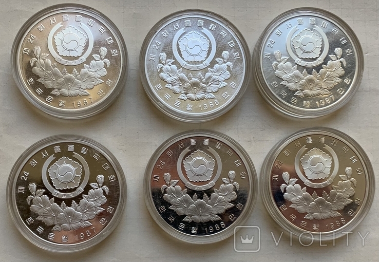Монеты 10000 вон, 6 штук, серебро 925, вес 33,4 грамма, Олимпиада Сеул 1988 год, фото №3