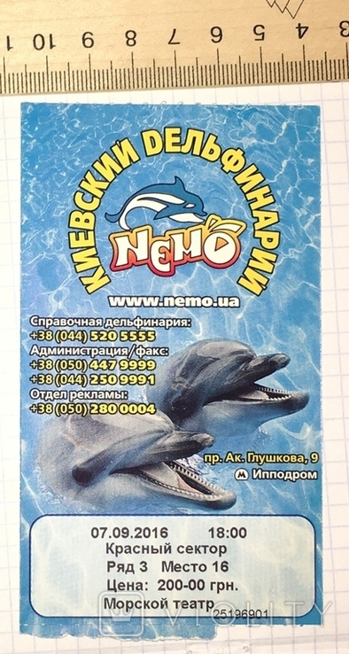 Ticket to the Nemo Dolphinarium, Kyiv, September 7, 2016, photo number 2