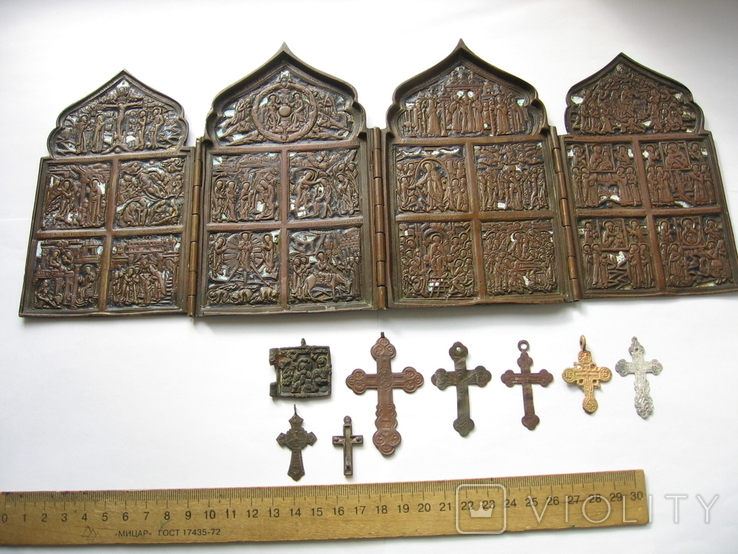 Складень Двунадесятые Праздники,с эмалевым картушем+7 крестов 19ст и иконка Бонусом, фото №3
