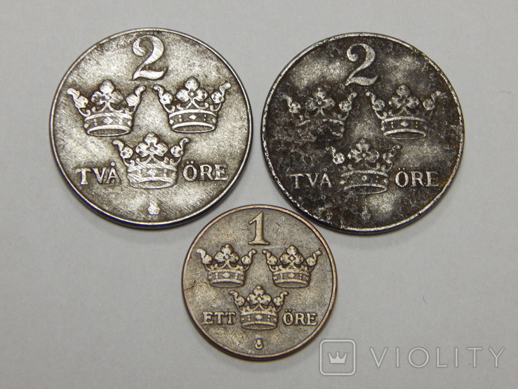 3 монеты Швеции по 1 и 2 оре