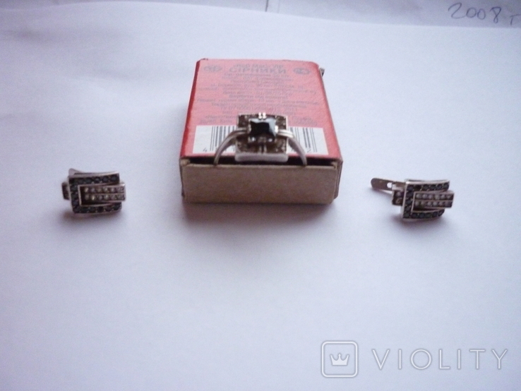 Набор - кольцо и серьги с черным ониксом серебро 925 проба, фото №4
