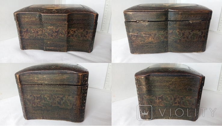 3501 красивая старинная деревянная шкатулка коробка расписная с орнаментом и резьбой, фото №5