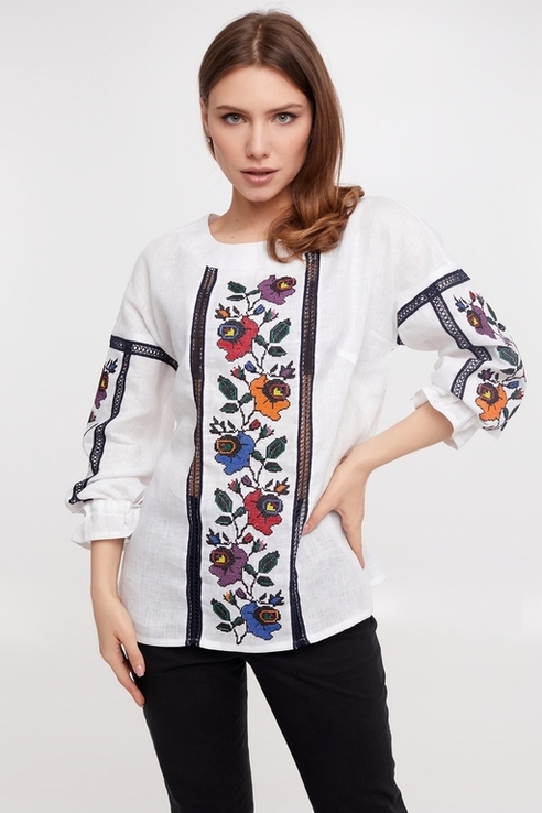 Блуза жіноча Борщівські квіти (льон білий), фото №2