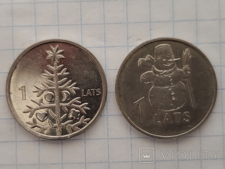 Coins, Latvia, 1 lat "Christmas tree" and 1 lat "Snowman".