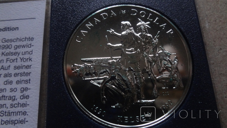 1 доллар 1990 Канада Экспедиция Генри Келси Сертификат серебро, фото №2