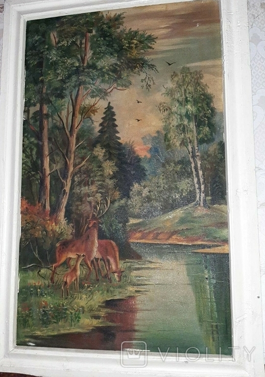 Картина маслом на холсте "Олени у лесной реки", фото №2