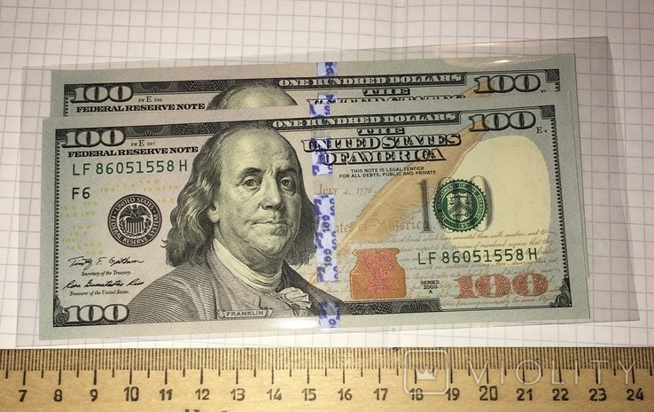 100 доллар США, 2 шт., 2009 год / Номера подряд, серия LF (в защитном файле), фото №6