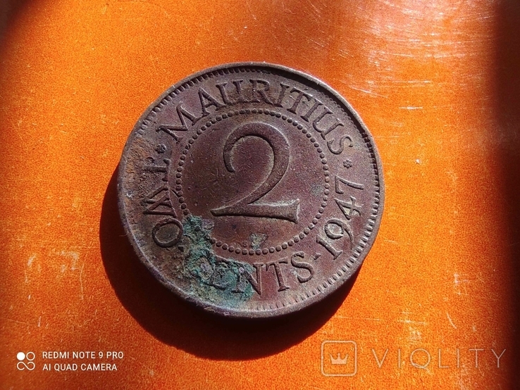 Британский Маврикий 2 цента 1947 Георг VI, фото №4