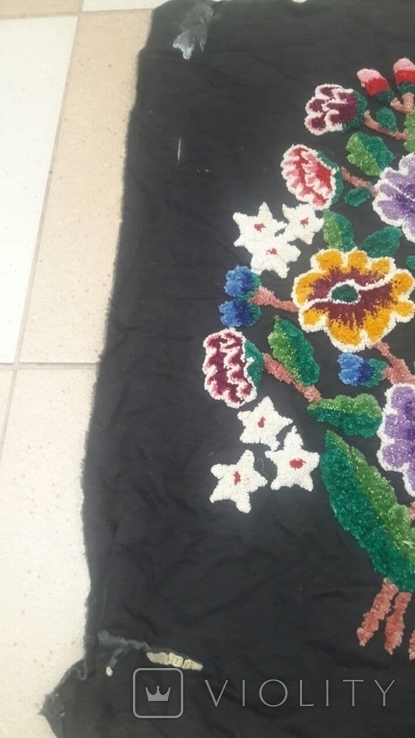 Старинная ковровая обьемная вышивка, картина цветы на черном, большая, фото №6