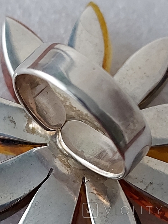 Безразмерное серебряное кольцо 925 пробы с янтарем " Цветок", фото №8