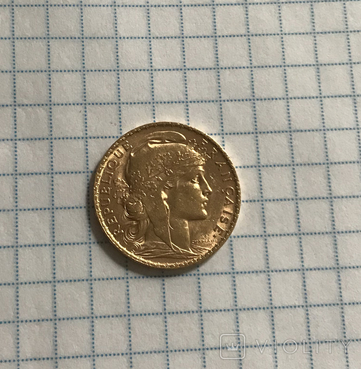 20 франков золото "Петух" Франция 1905г., фото №2