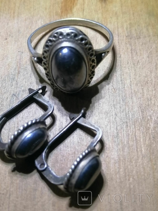 Серьги и кольцо серебро 925 пробы с гематитом, фото №2