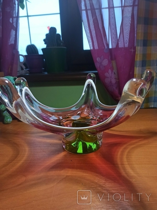 Большая фруктовница,ваза,конфетница,Чехословакия,цветное стекло хрусталь, фото №5