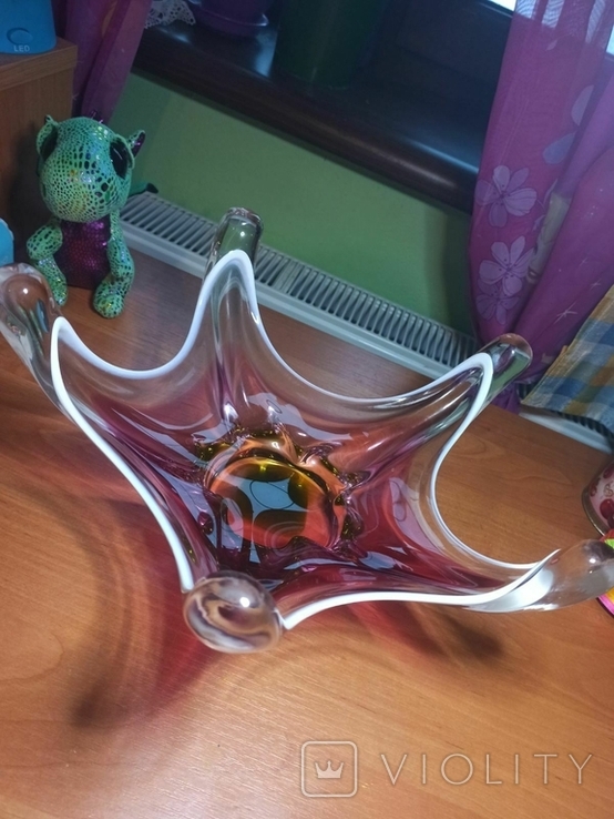 Большая фруктовница,ваза,конфетница,Чехословакия,цветное стекло хрусталь, фото №6