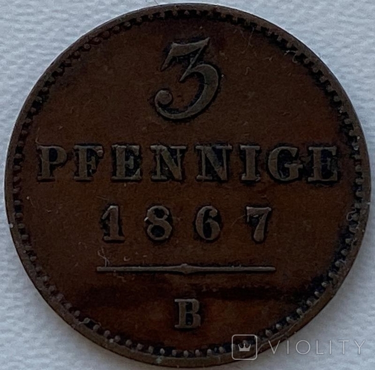 Вальдек-Пирмонт 3 пфеннига 1867 год, фото №3