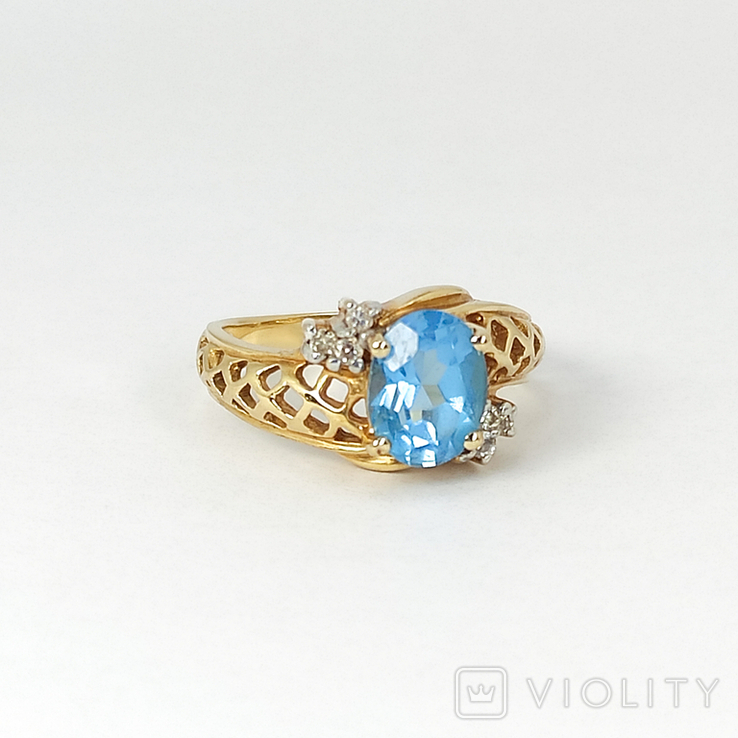 Винтажное золотое кольцо с натуральным топазом и бриллиантами, фото №4