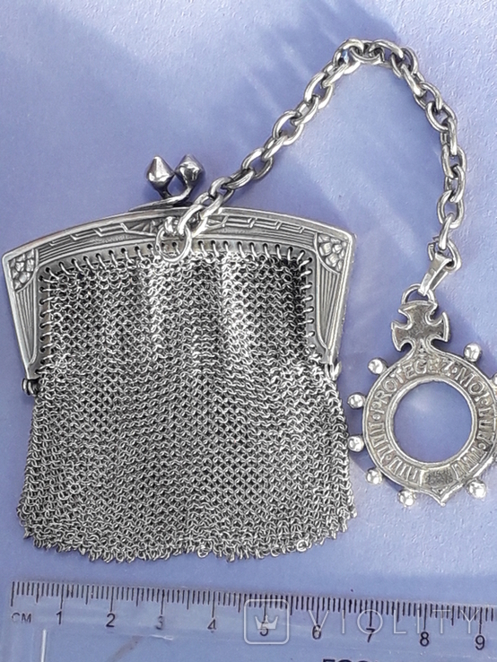 Кошелёк-кольчужка с религиозным медальоном к шатлену, серебро, 46 грамм, Франция