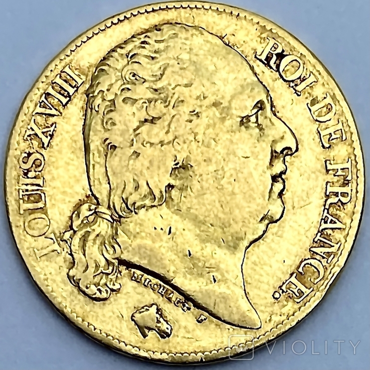 20 франков. 1818. Луи XVIII. Франция (золото 900, вес 6,38 г)