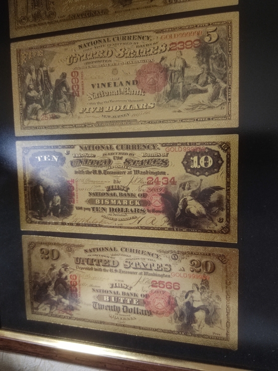 Картина-коллаж из позолоченных банкнот США 1863-1887 годов 2 шт., фото №4