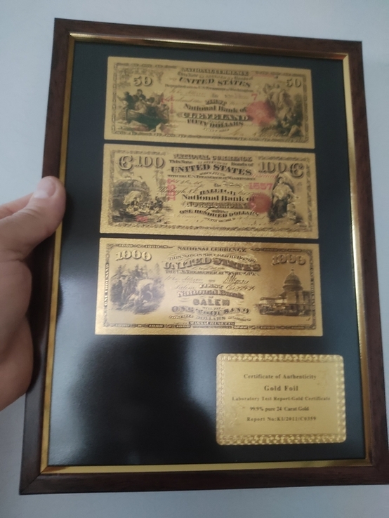 Картина-коллаж из позолоченных банкнот США 1863-1887 годов 2 шт., фото №6