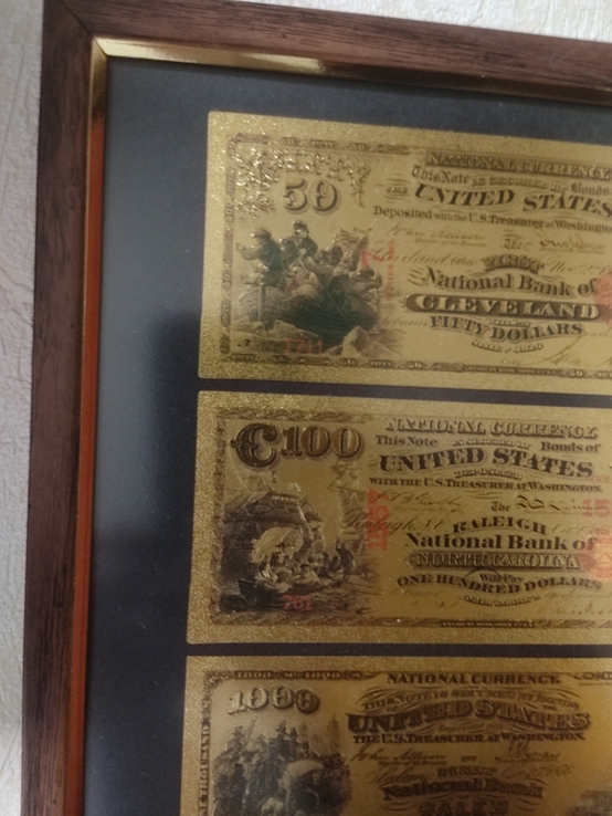 Картина-коллаж из позолоченных банкнот США 1863-1887 годов 2 шт., фото №7