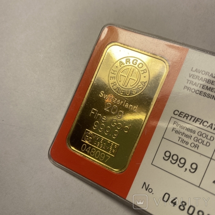 Слиток золота Argor Heraeus Sa 20 гр. Fine gold 999,9, фото №5