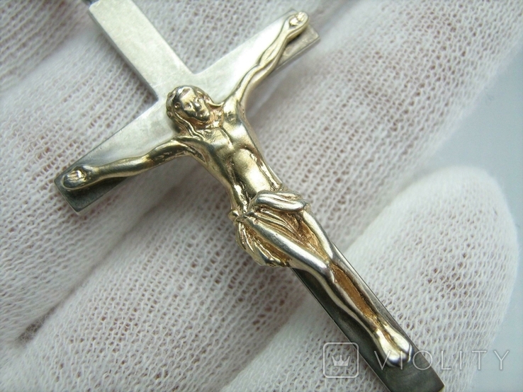 Серебряный Крест Большой Распятие Иисус Христос 925 проба Серебро Позолота 573, фото №4