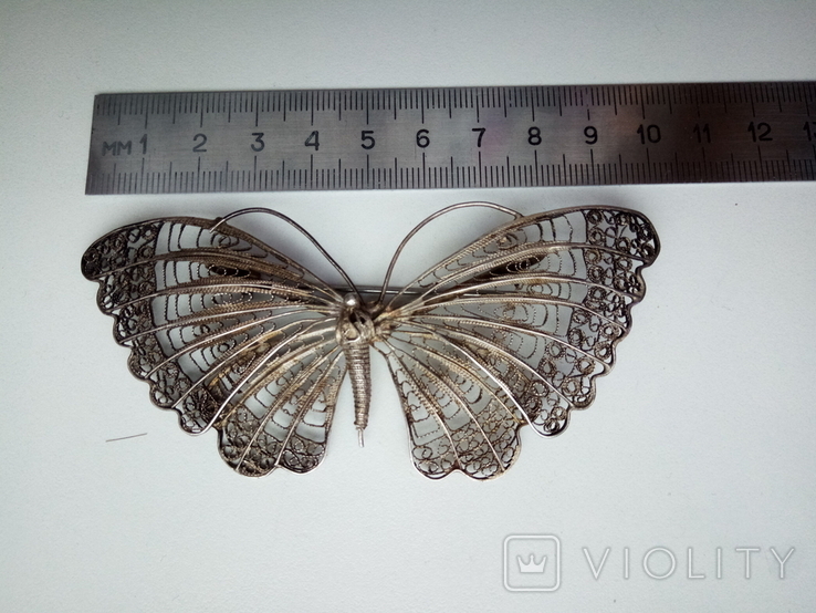 Велика антикварна срібна брошка метелик, філігрань, фото №2