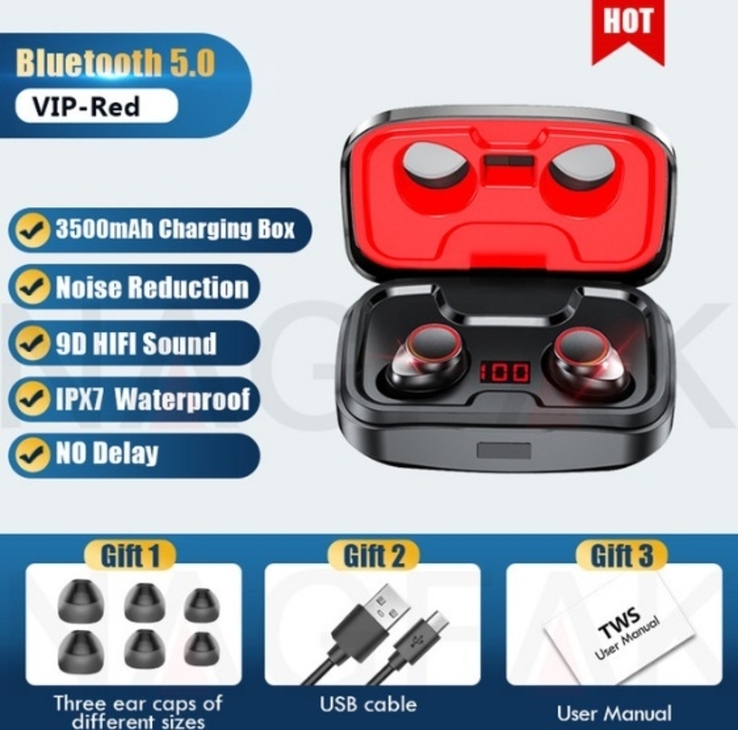 Беспроводные Bluetooth наушники X10 RED TWS 5,0 с повербанком 3500мА, фото №2