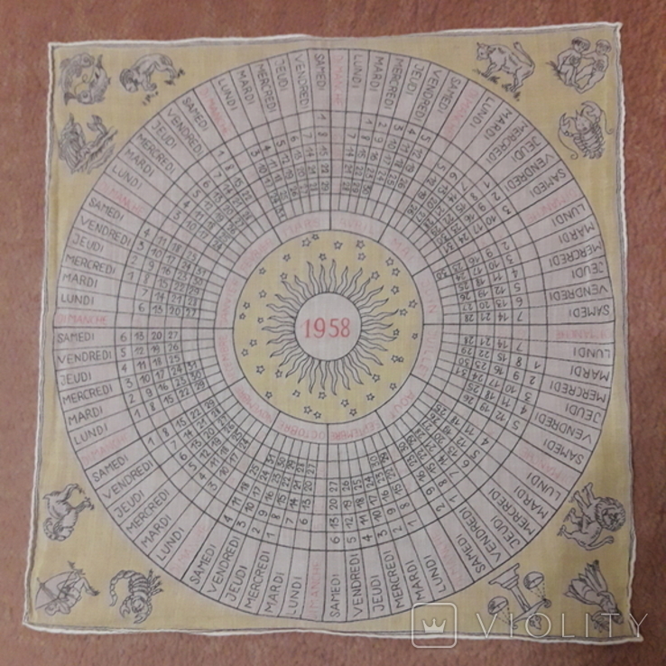 Винтажный карманный платок с календарём и знаками зодиака 1958 г