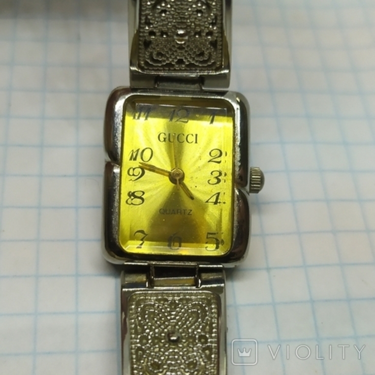 Кварцевые часы Gucci с ажурным браслетом, скань. Копия. На ходу, фото №8