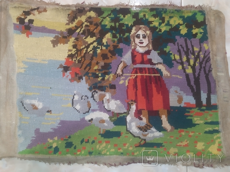 Старый Гобелен Девочка с гусями ручная работа 47х35 см, фото №5