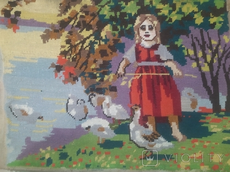 Старый Гобелен Девочка с гусями ручная работа 47х35 см, фото №2