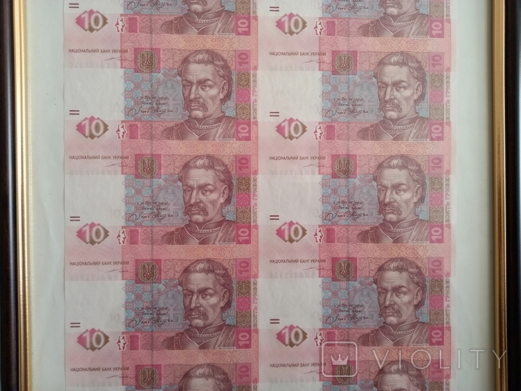 Нерозрізаний лист банкнот 10 гривен 2004 в рамці під склом, фото №3