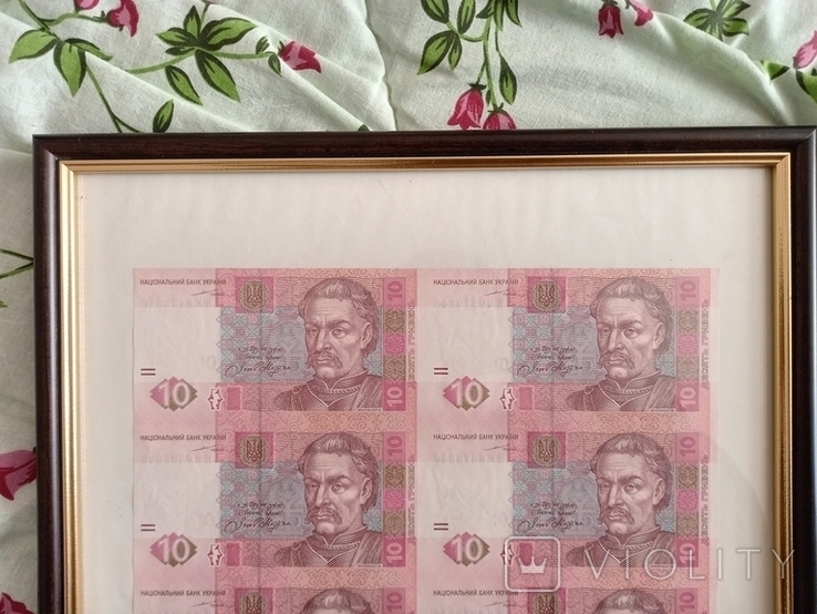 Нерозрізаний лист банкнот 10 гривен 2004 в рамці під склом, фото №4