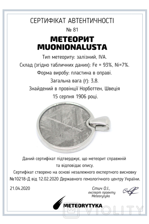 Підвіска із залізним метеоритом Muonionalusta, із сертифікатом автентичності, фото №9