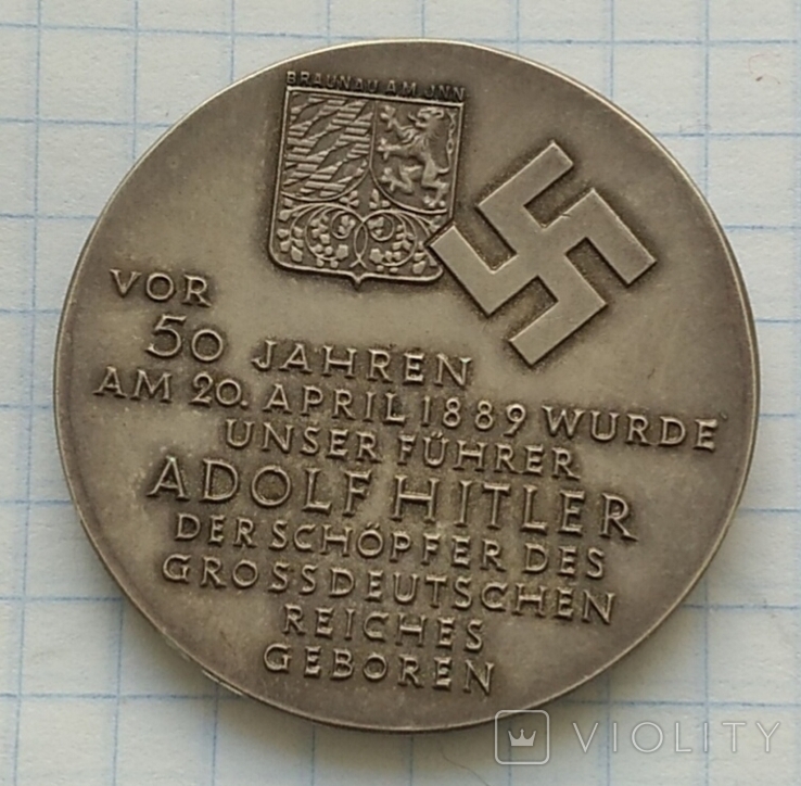 Медаль 1939 г. 50 лет со дня рождения А.Гитлера. Серебро 835 пробы., фото №2