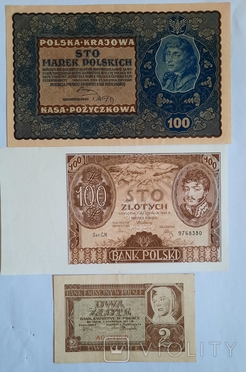 100 марок польских 1919г,100 злотых1934г,2 злотых 1941г., фото №2