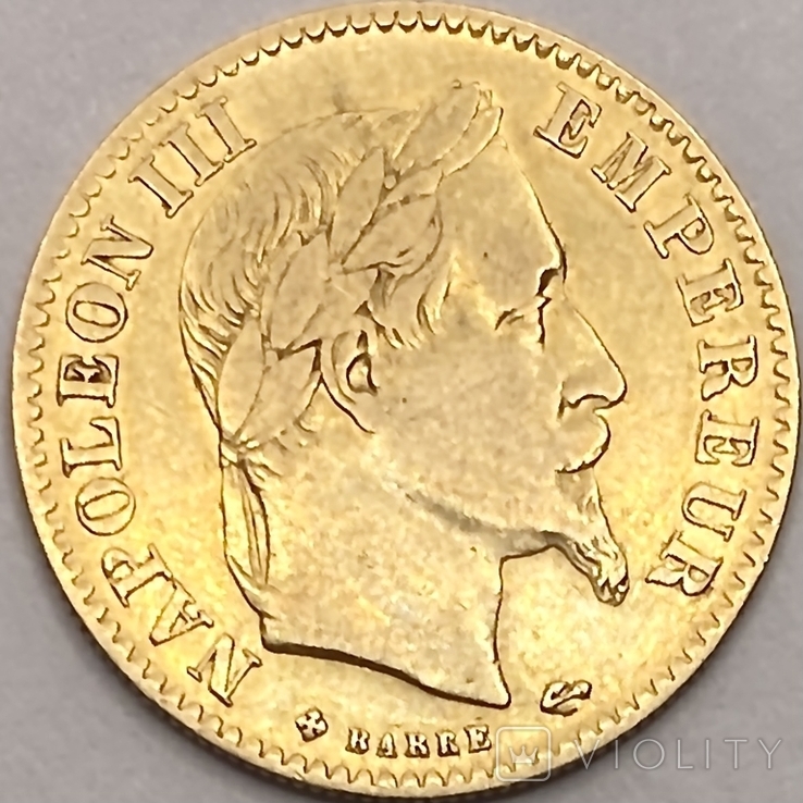 10 франков. 1866. Наполеон III (в венке). Франция (золото 900, вес 3,20 г)
