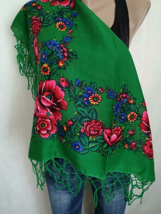 Шерстяной платок в цветочный принт с бахромой, фото №2