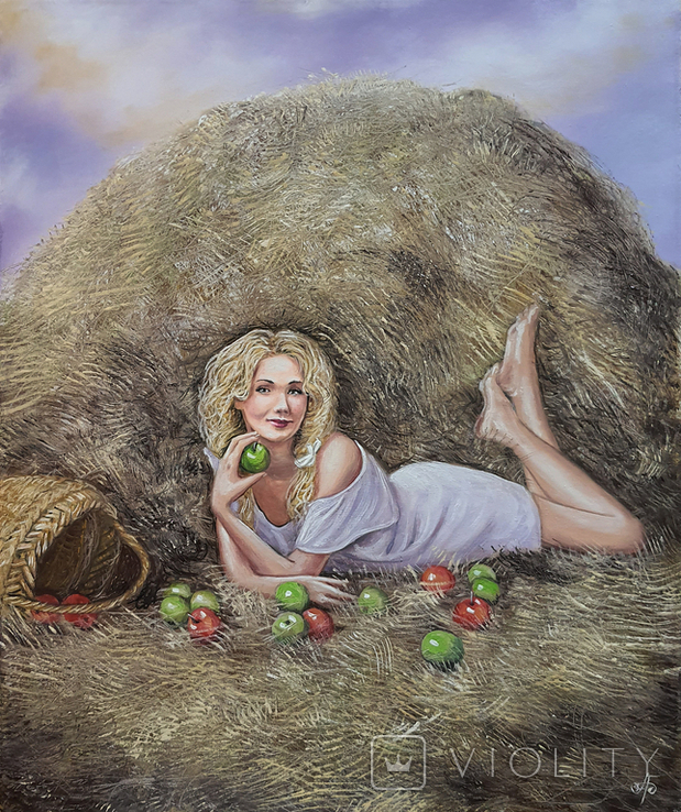 Картина, Дівчина з яблуком, 50х60 см. Живопис на полотні, фото №3